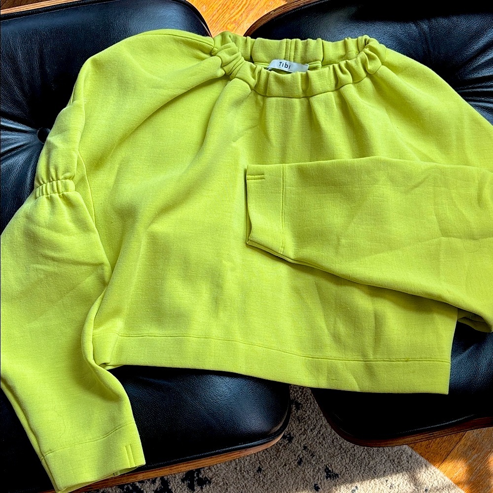 Tibi Lime Green Gathered Sleeve Crop Top